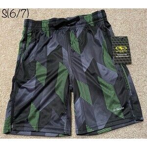 Athletic Works Boys S 6/7 Performance Shorts Black Green Geometric DriWorks NWT